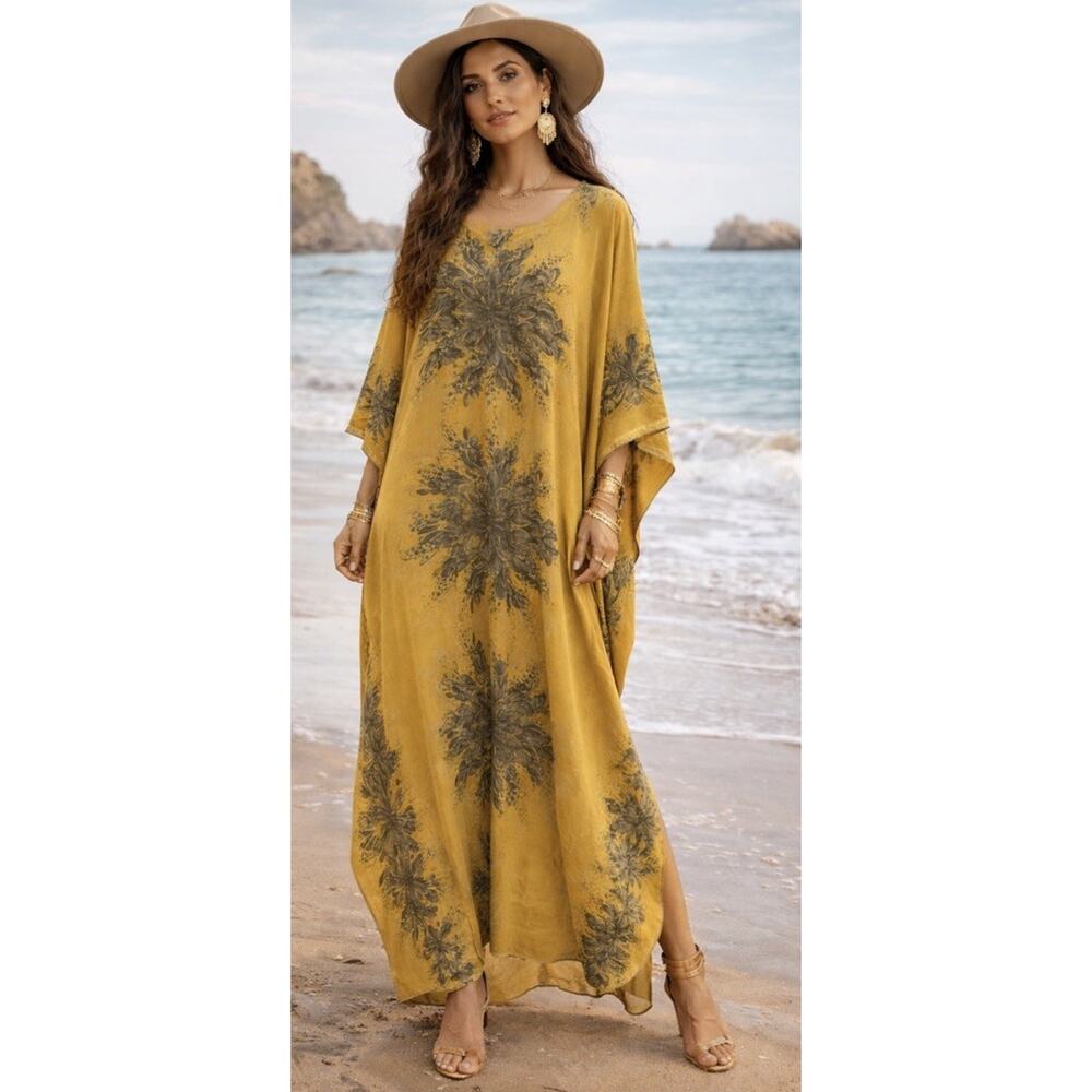 Bohemian Mustard Floral Maxi Dress - Relaxed Caftan Style